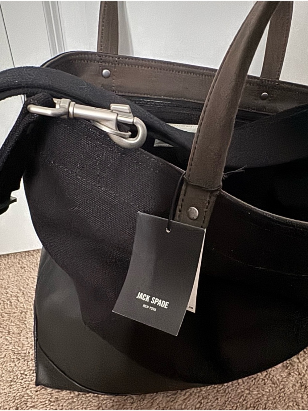 Jack Spade Black Canvas Messenger Tote with Brown Leather Handles - Picture 4 of 7